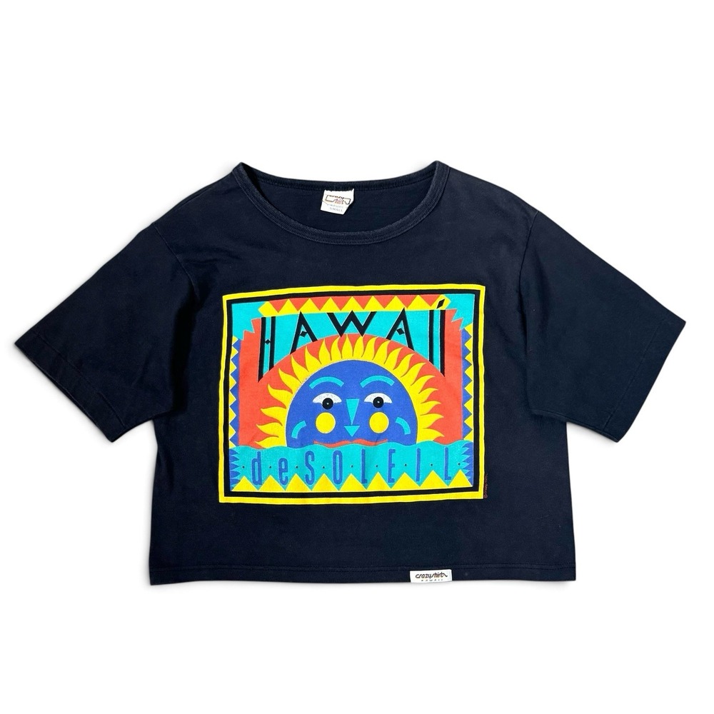 Vintage Crazy Shirt Hawaii De Soleil Crop Top Womens L Black Sun Single Stitch